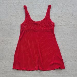 Val Mode Red Lace Pleat Babydoll Lingerie Dress Large Valentine Vintage Slip